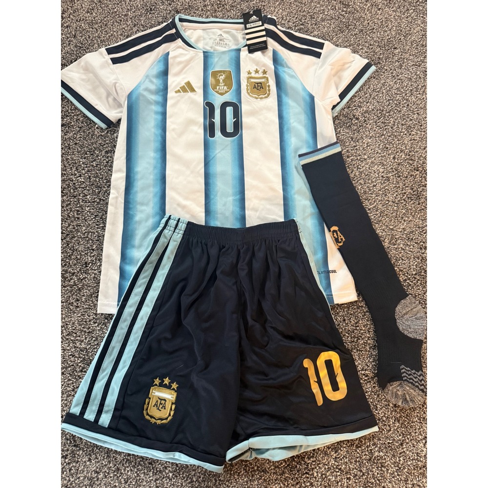 Adidas Argentina Messi 10 World Cup 2022 Champions Youth Kit Jersey Shorts Socks